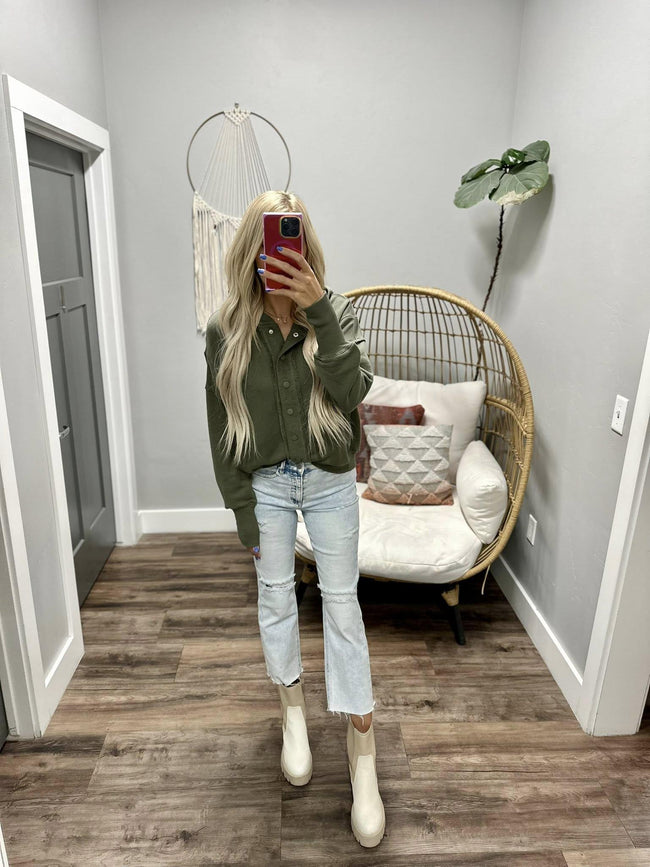 NATASHA OLIVE SNAP UP BUTTON HOODED SWEATER TOP