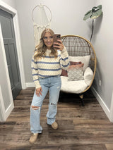 SUZY CREAM AND BLUE CABLE KNIT METALIC SWEATER