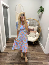 TABBY BLUE AND CORAL FLORAL MIDI DRESS