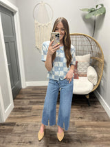 CARLA BLUE AND IVORY CROCHET BUTTON UP BLOUSE TOP