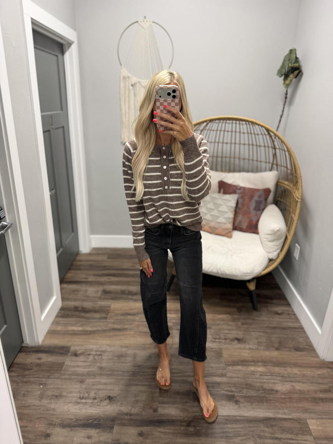 BONNIE BROWN STRIPE HENLEY SWEATER TOP