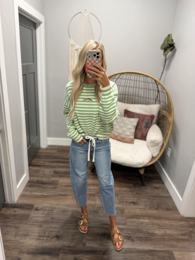 LIBBIE MINT FISH STRIPE SWEATER TOP