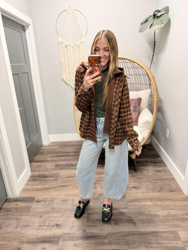 JUNIE CHOCOLATE AND WINE PLAID BUTTON UP HOODED TOP