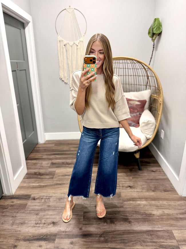 TONI OATMEAL SHORT SLEEVE SWEATER TOP