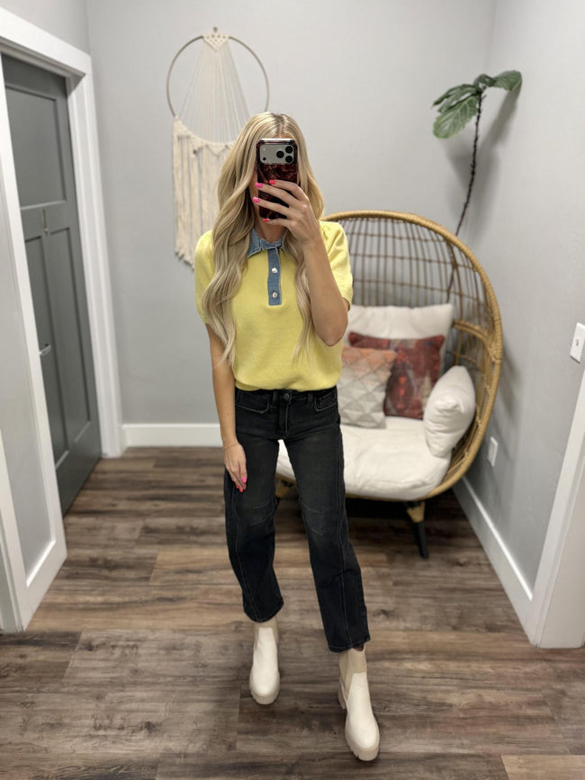 SADIE BUTTER YELLOW CONTRAST DENIM BUTTON UP HENLEY TOP