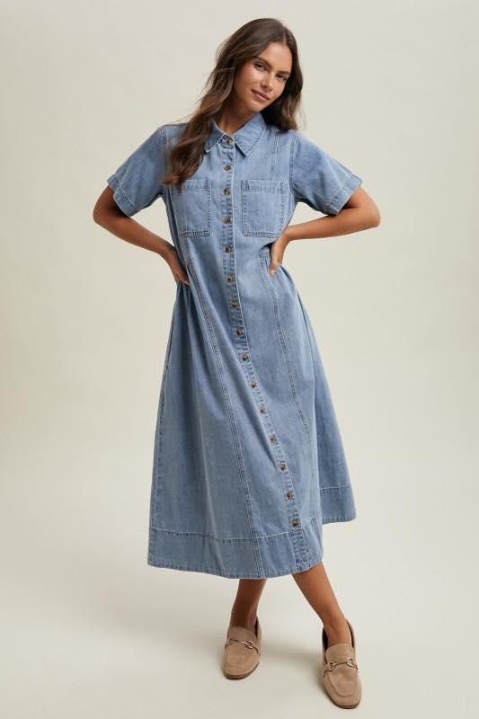 KALLI DENIM BUTTON UP FRONT CHAMBRAY DRESS