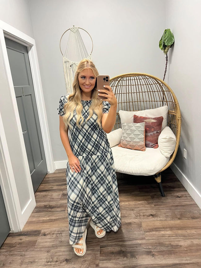 AVERY BLACK AND NEUTRAL GINGHAMSMOCKED DRESS