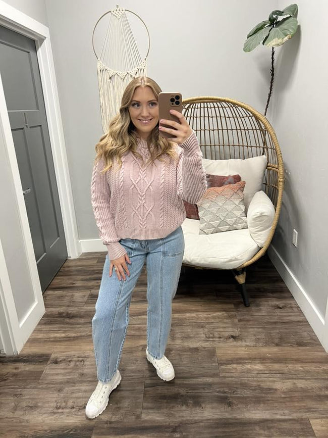 JOANN WASHED ROSE CABLE KNIT DETAIL SWEATER TOP