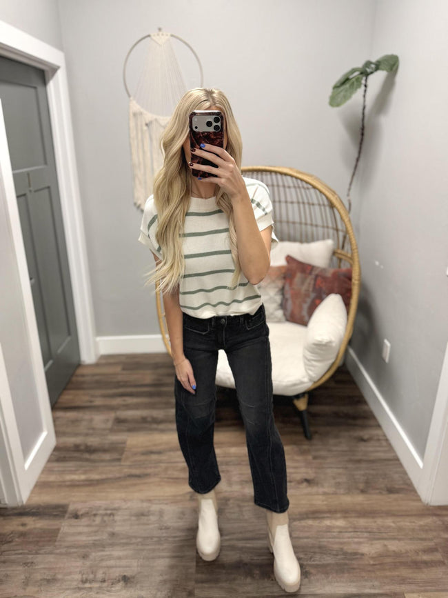 SELENE SAGE STRIPE SHORT SLEEVE SWEATER TOP