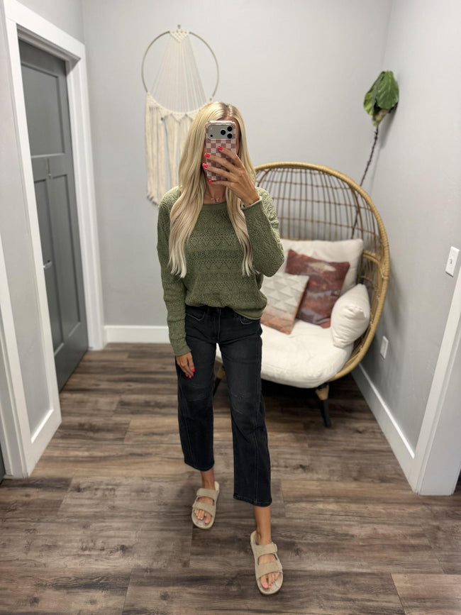 SIERRA OLIVE OPEN KNIT LONG SLEEVE SWEATER TOP