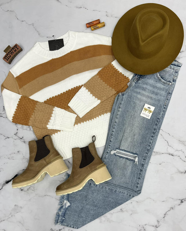 COLLEEN CAMEL MULTI STRIPE SWEATER TOP