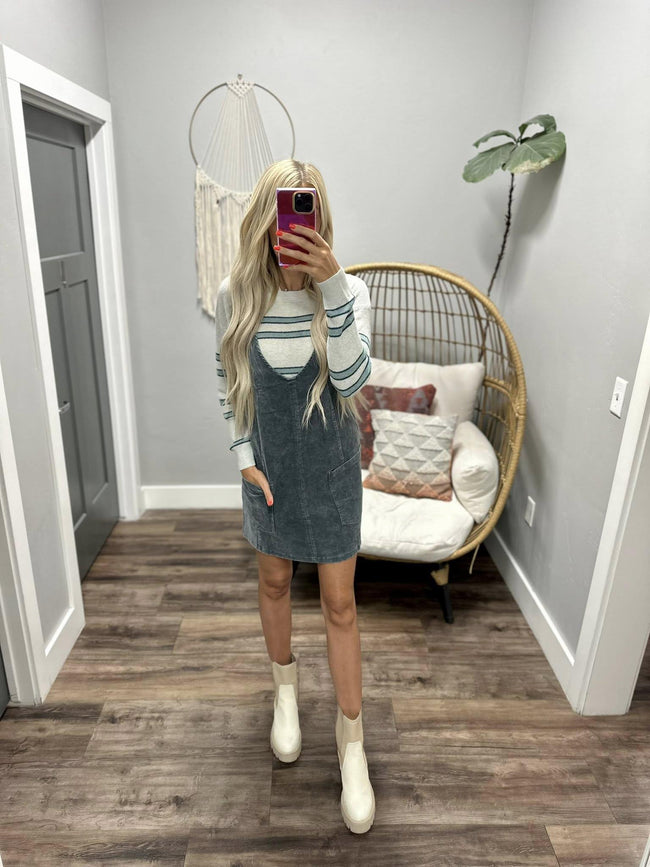 CAMDEN SLATE BLUE CORDED OVERALL DRESS