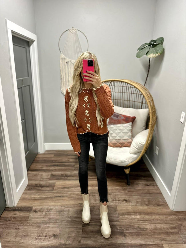 TARA RUST EMBROIDERED SWEATER TOP