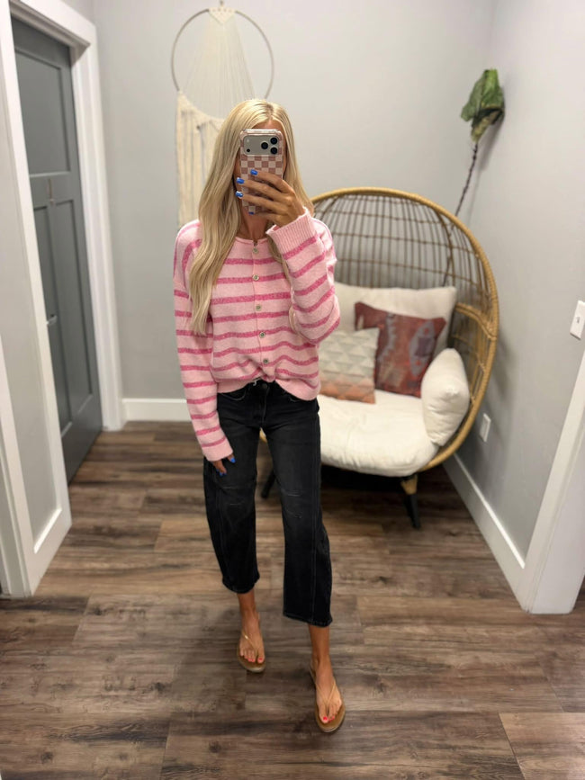 ALISHA PINK STRIPE BUTTON UP CARDIGAN TOP