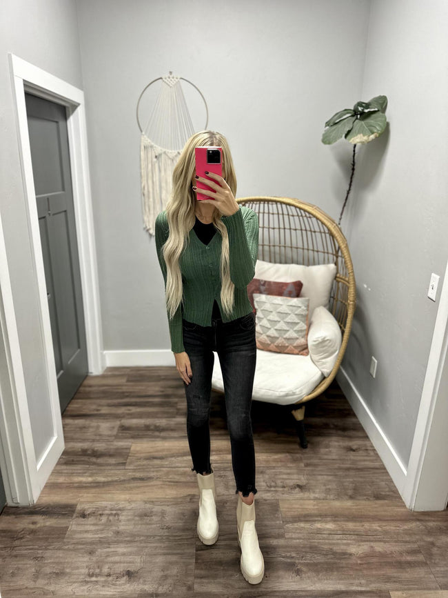 ANDREA DEEP GREEN BUTTON UP RIBBED CARDIGAN TOP