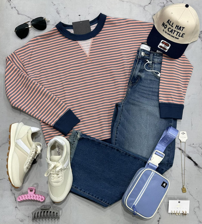 TISHA PINK AND NAVY STRIPE SWEATSHIRT TOP