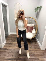 JOSIE WHITE HENLEY BUTTON UP SHORT SLEEVE TOP
