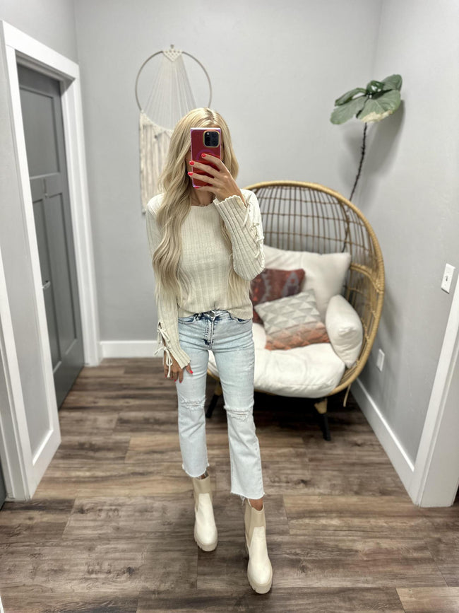 TRACEY CREAM RIBBED TIE WRIST SWEATER TOP