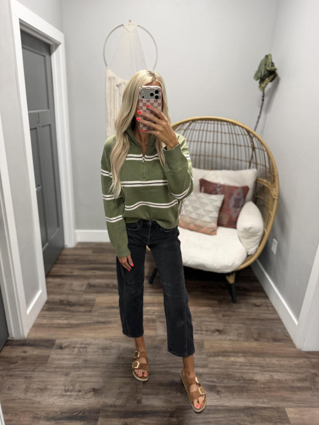 LIVIA OLIVE AND CREAM STRIPED ZIP MOCKNECK SWEATER TOP