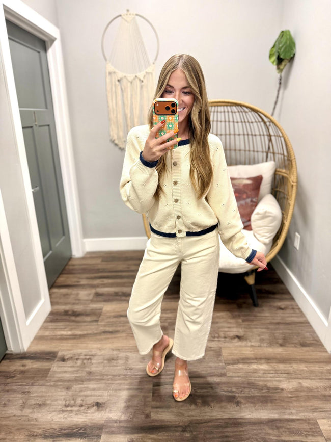 SARAH IVORY NAVY POINTELLE CARDIGAN TOP