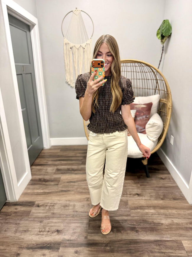 CONNIE BROWN PLAID GINGHAM SMOCKED BLOUSE