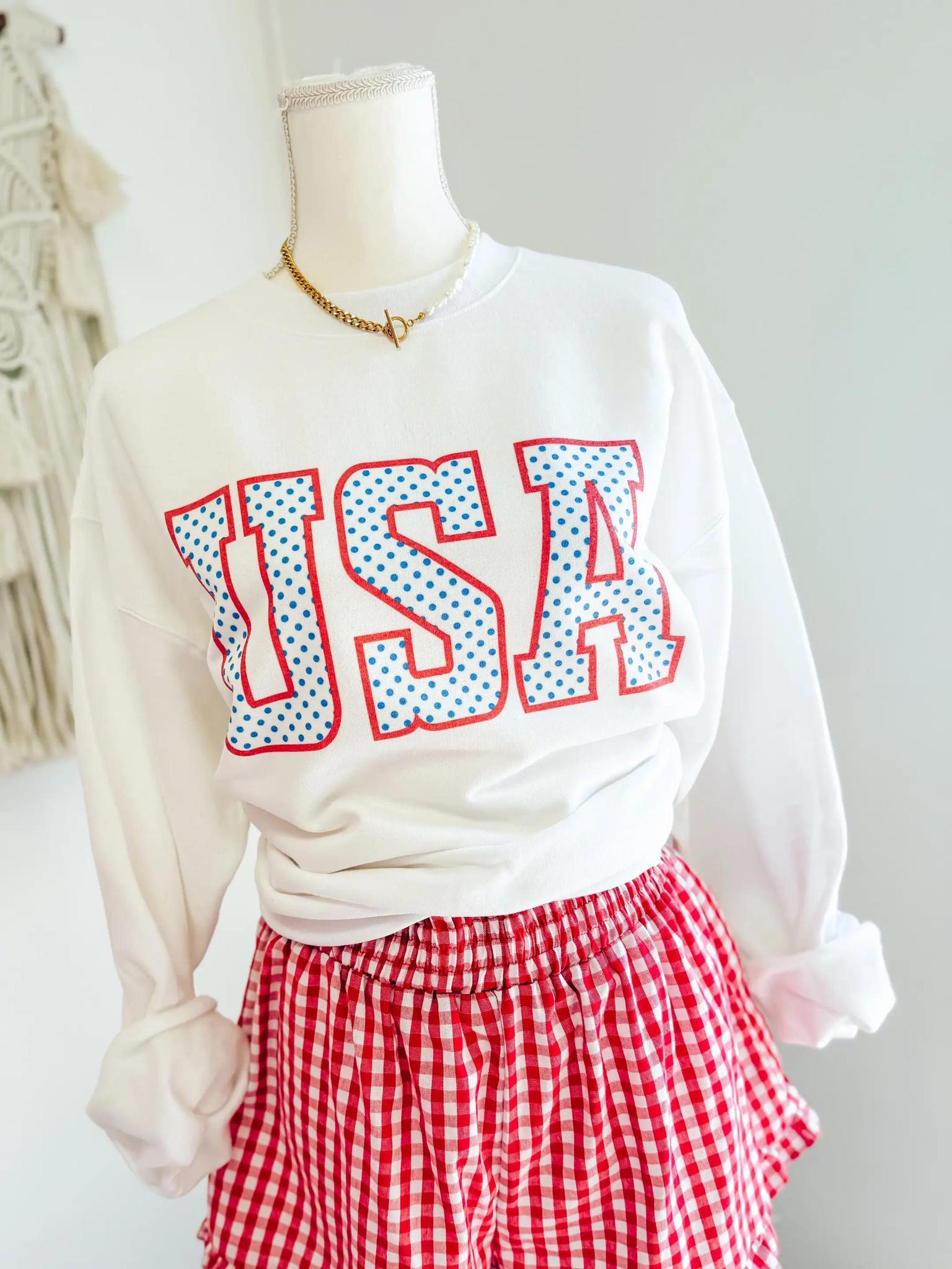 WHITE POLKA DOT USA GRAPHIC CREW SWEATSHIRT