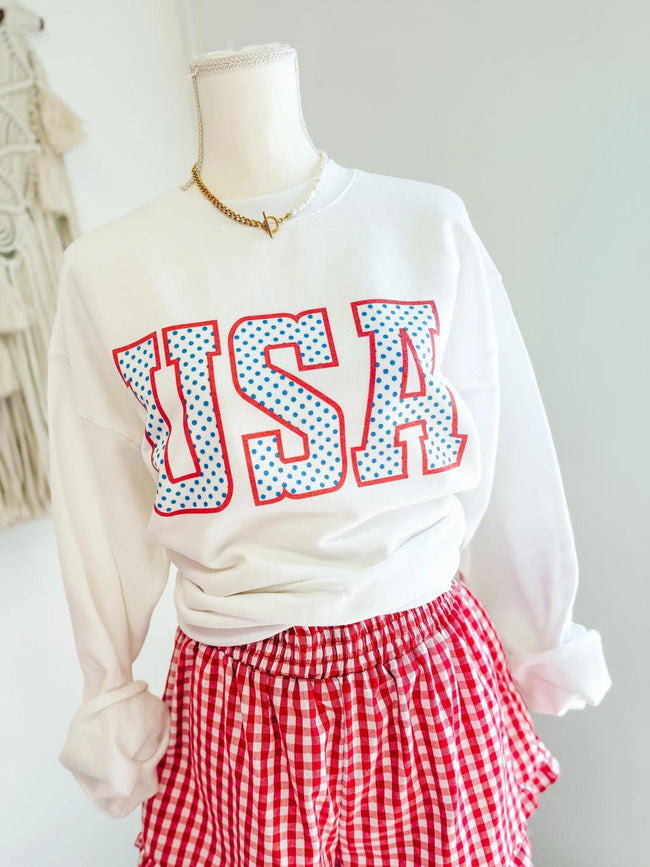 WHITE POLKA DOT USA GRAPHIC CREW SWEATSHIRT