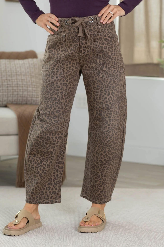 BRYNLIE LEOPARD HIGH RISE LEOPARD TIE WAIST DENIM JEANS