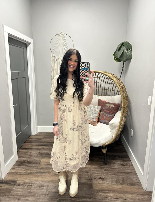 LAUREL CREAM AND OLIVE EMBROIDERED LACE MIDI DRESS LAUREL CREAM AND OLIVE EMBROIDERED LACE MIDI DRESS