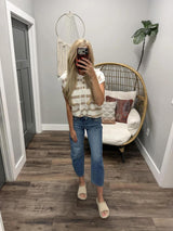 TIFFANY TAUPE IVORY STRIPE BUTTON UP HOODED TOP