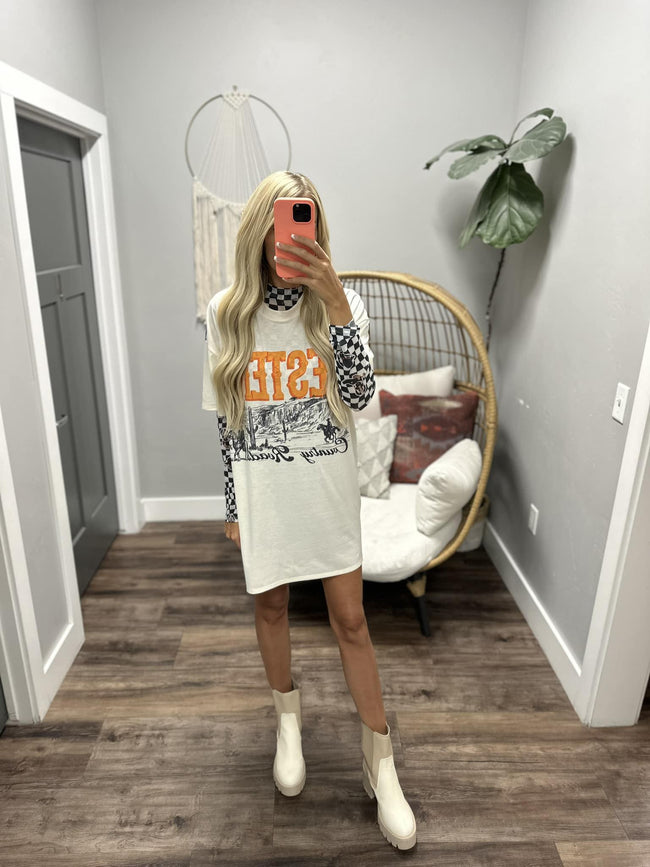WESTERN COWBOY ROADS CREAM AND DENIM BLUE BACK TEE DRESS