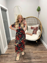 MELANIE BLACK MESH FLORAL MIDI DRESS