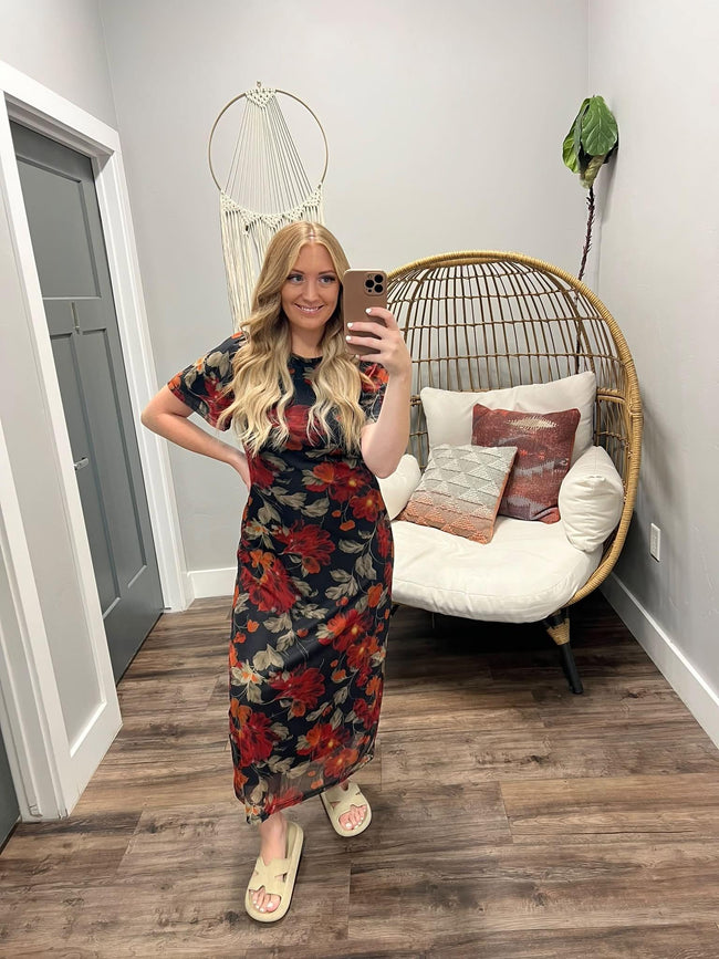 MELANIE BLACK MESH FLORAL MIDI DRESS