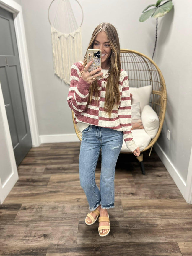 CELINE IVORY AND ROSE STRIPE COLORBLOCK SWEATER TOP