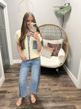 ARI CREAM AND DENIM BUTTON UP SWEATER BLOUSE TOP