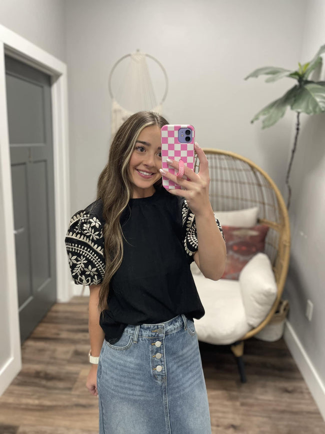 GIA BLACK EMBROIDERED BLOUSE TOP