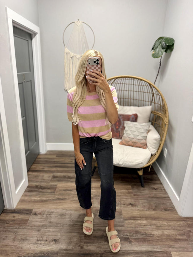 ELLIE PINK AND KHAKI STRIPE SHORT SLEEVE TOP