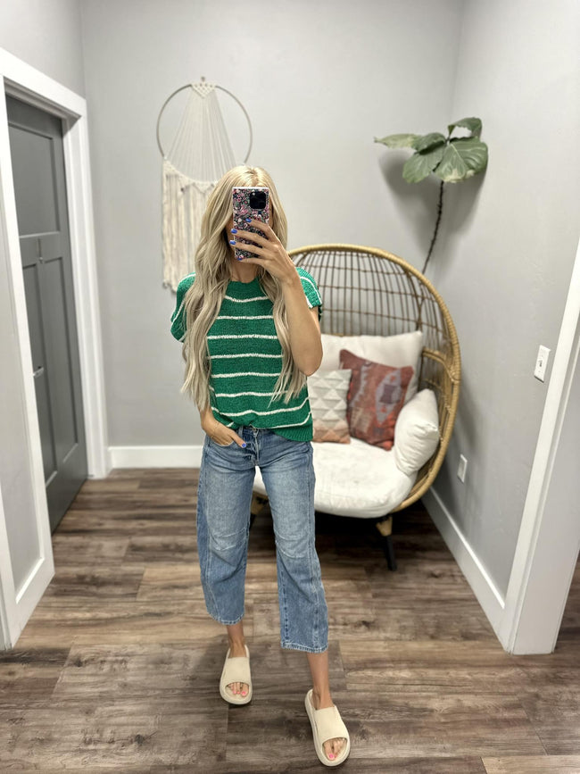 TONJA KELLY GREEN STRIPE SHORT SLEEVE SWEATER TOP