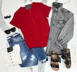 SHE'S A TEN RED RIBBED HENLEY SHORT SLEEVE TOP