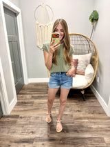 LYLA OLIVE ACID WASH BUTTON BACK KNIT SHORT SLEEVE SWEATER TOP