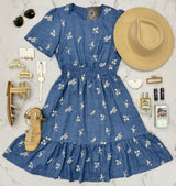 TAITLEE DENIM FLORAL EMBROIDERED DRESS