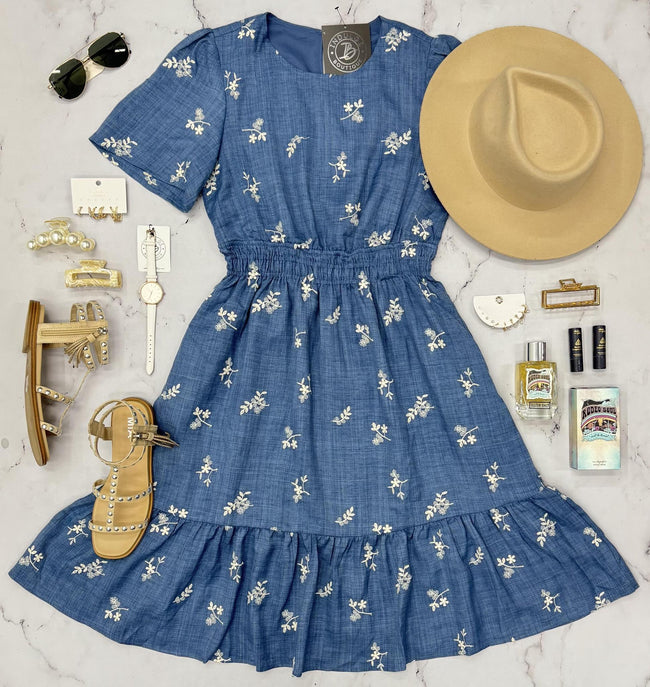 TAITLEE DENIM FLORAL EMBROIDERED DRESS
