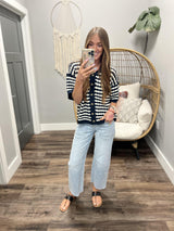 JILLIAN NAVY AND WHITE KNIT BUTTON UP CARDIGAN TOP