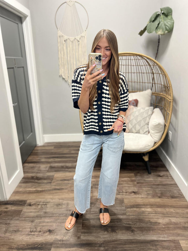 JILLIAN NAVY AND WHITE KNIT BUTTON UP CARDIGAN TOP