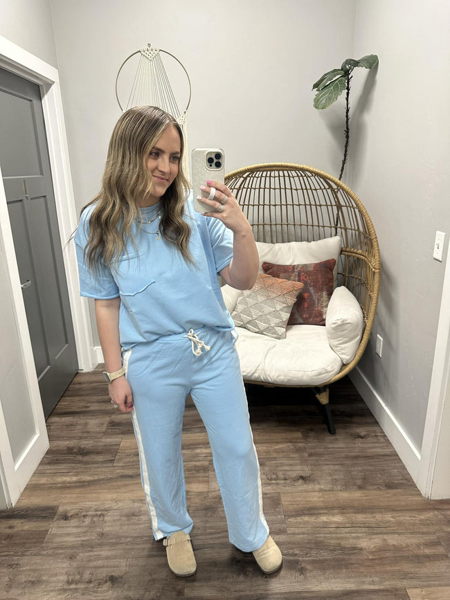 KELLY LIGHT BLUE SIDE STRIPE KNIT PANTS