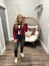 MILEY BURGUNDY KNIT BOW FRONT SWEATER TOP