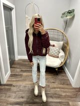 JODI WINE TEXTURE ZIP UP HOODED JACKET TOP
