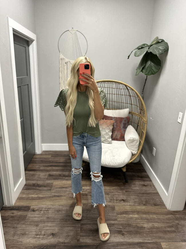 PEBBLE GREEN CROCHET SHORT SLEEVE BLOUSE TOP