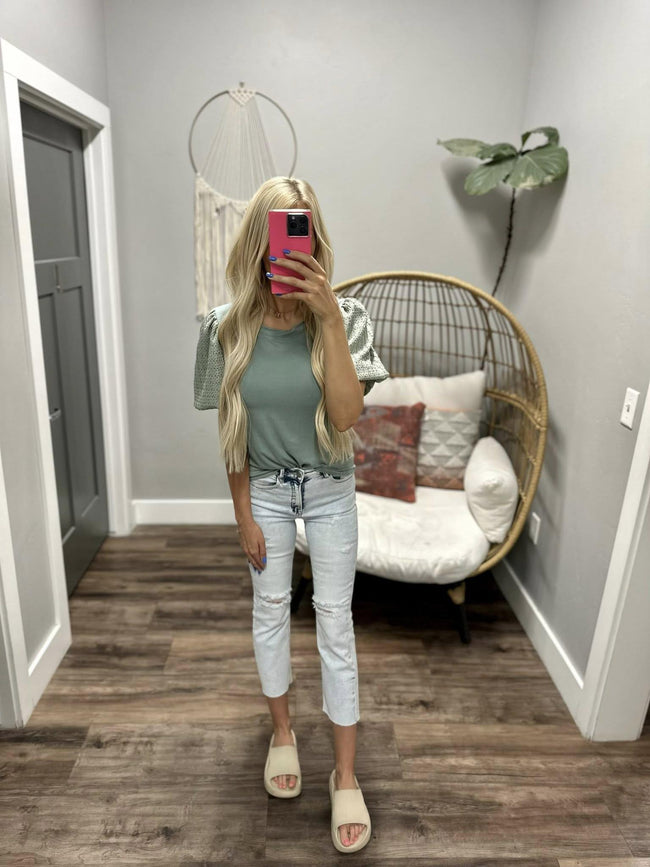 BRIANNE SAGE EYELET SHORT SLEEVE BLOUSE TOP