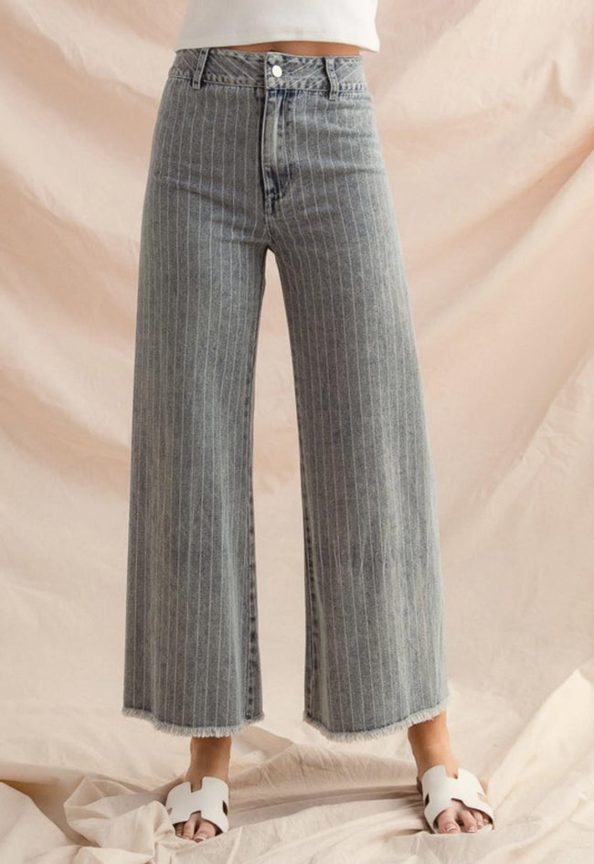 OAKLIE WASHED DENIM PINSTRIPE FRAYED HEM JEANS